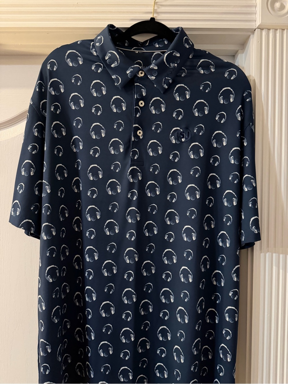 Swing Juice- Men's Navy Short-Sleeve Polo with White Headphone Print